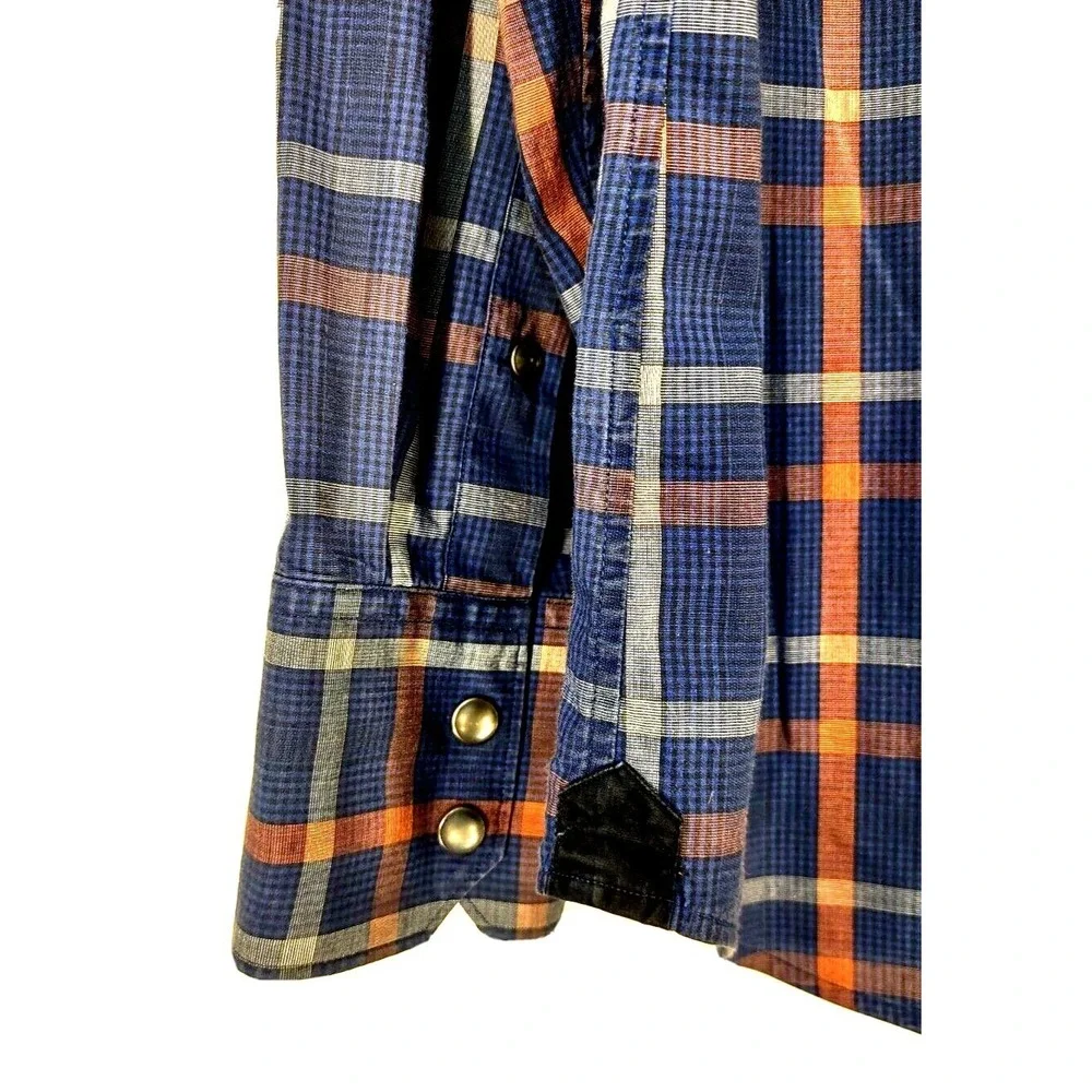Banana Republic Shirt Mens M Western Pearl Snap Plaid Blue Orange Weekend Casual